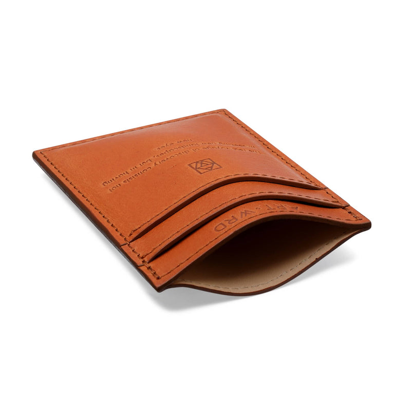 View of the leather lined central pocket of a minimalist wallet.
