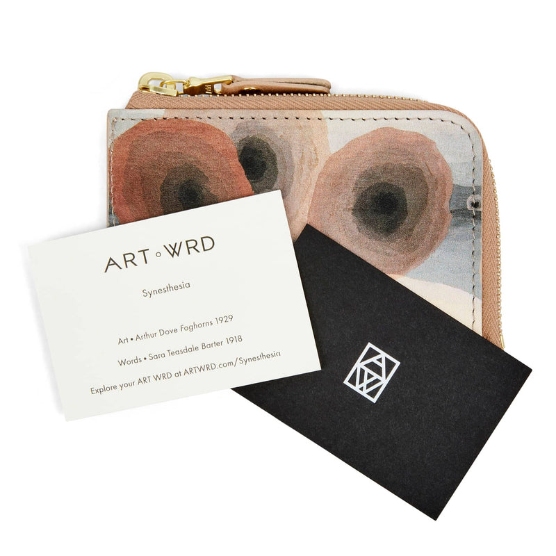 ART WRD artist and writer information cards on top of an unusual purse with abstract print artwork by Arthur Dove.