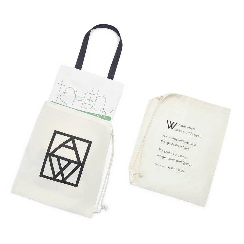Abstract art tote bag in dust bag packaging. One side of the dust bag displays the ART WRD logo. The other side displays the ART WRD welcome poem.