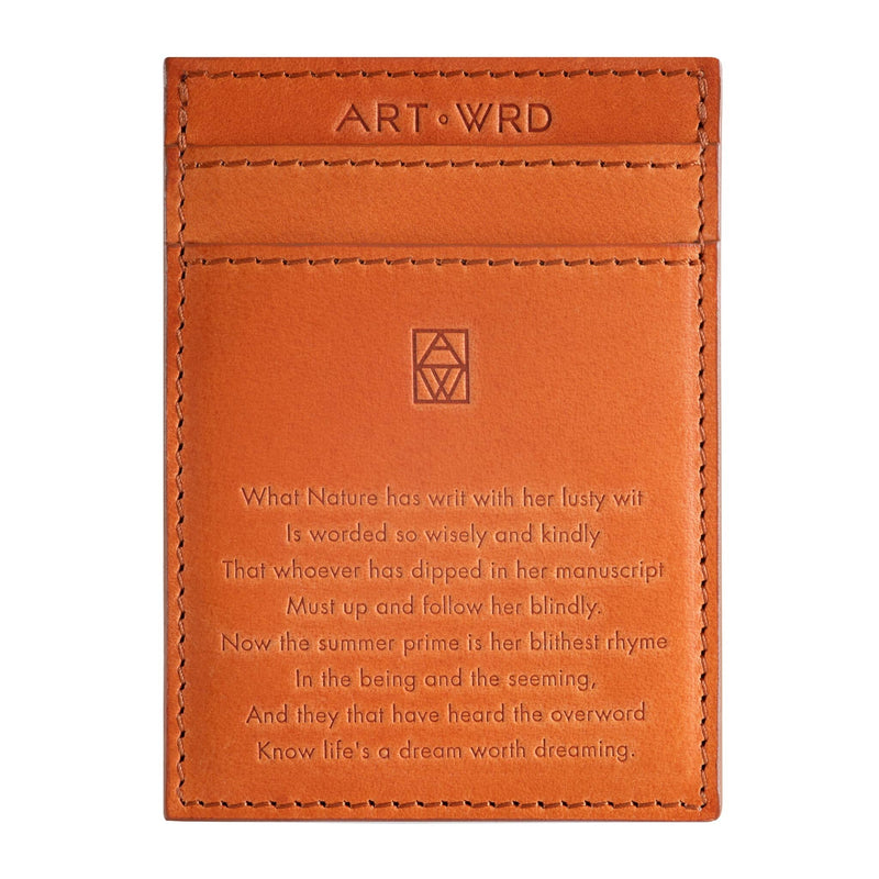 Art card holder reverse displays a quote by William Ernest Henley embossed on brown Italian vegetable tanned leather.