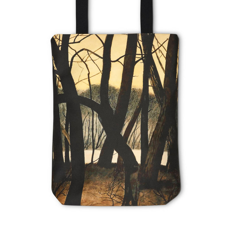 Artsy tote bag showing winter tree scene painting by Leon Spilliaert close up view.
