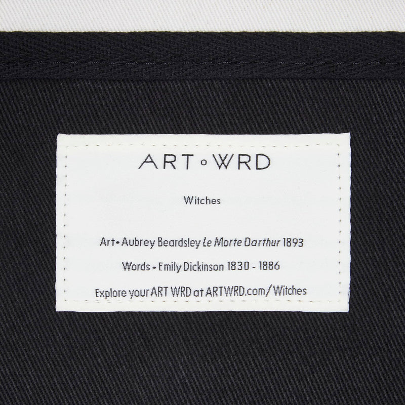 Information label for Aubrey Beardsley and Emily Dickinson collaboration bag. 