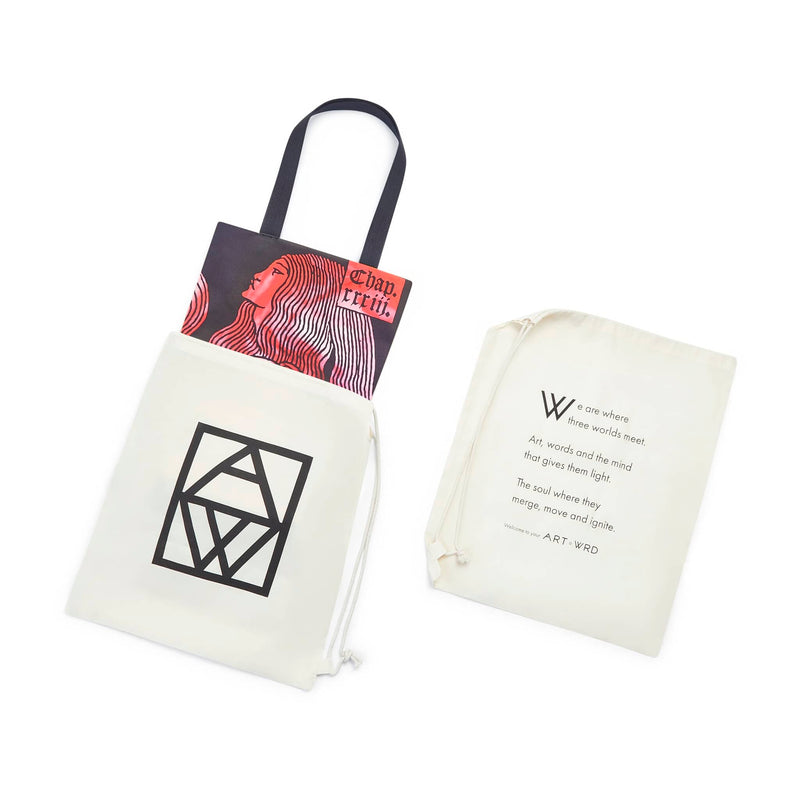 Bright pink tie-dye bag with Aubrey Beardsley witches design in dust bag packaging. On one side of the dust bag is the ART WRD logo. On the other side of the packaging is the ART WRD Welcome Poem.