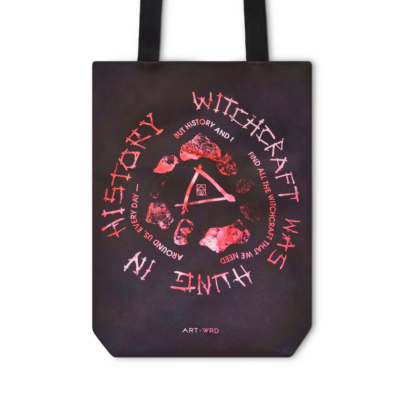 Bright pink tie-dye bag showing Emily Dickinson witches poem 'Witchcraft Was Hung'.