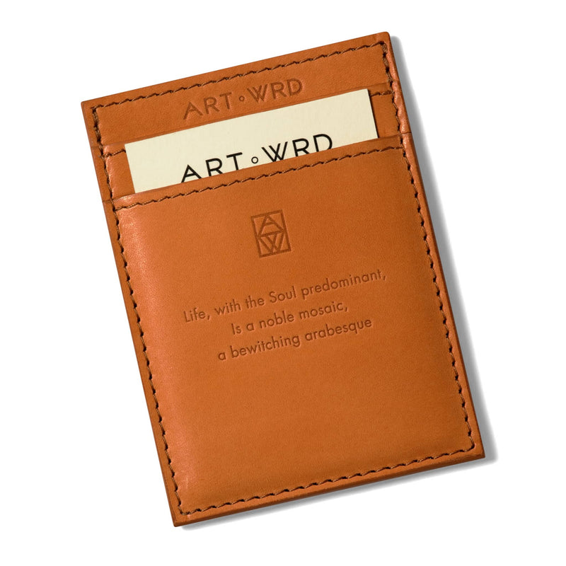 Reverse of the colourful card holder shows light brown vegetable tan leather embossed with an inspiring quote. Inside is a cream coloured ART WRD artist and writer information card.