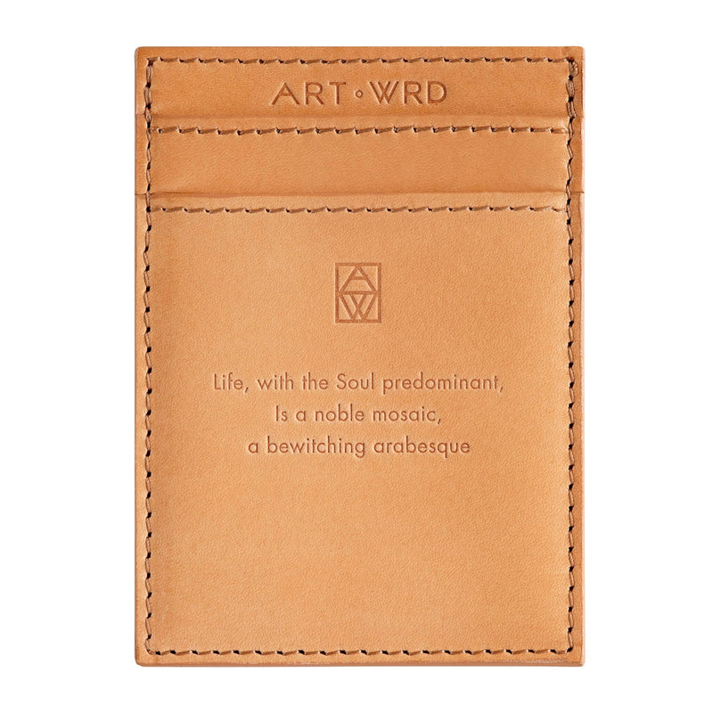 Reverse of the colourful card holder shows light brown vegetable tan leather embossed with an inspiring quote. 