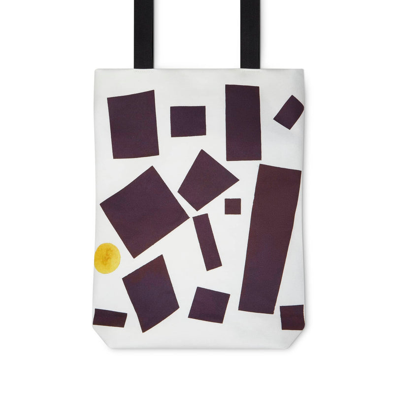 Close up of a cool, unique tote bag displaying a black and white rectangles abstract painting by Kazimir Malevich.