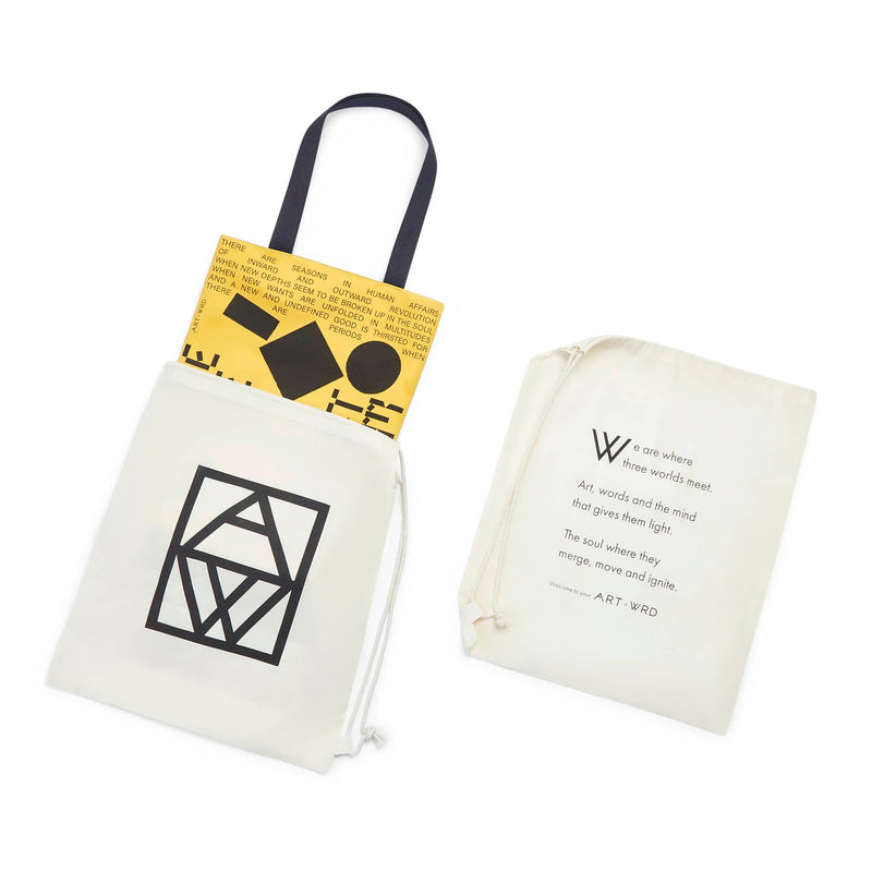 A cool unique tote bag with an inspiring quote displayed in a futurist style shown in its cotton dust bag packaging. The packaging has the ART WRD logo on one side and the ART WRD Welcome Poem on the other.