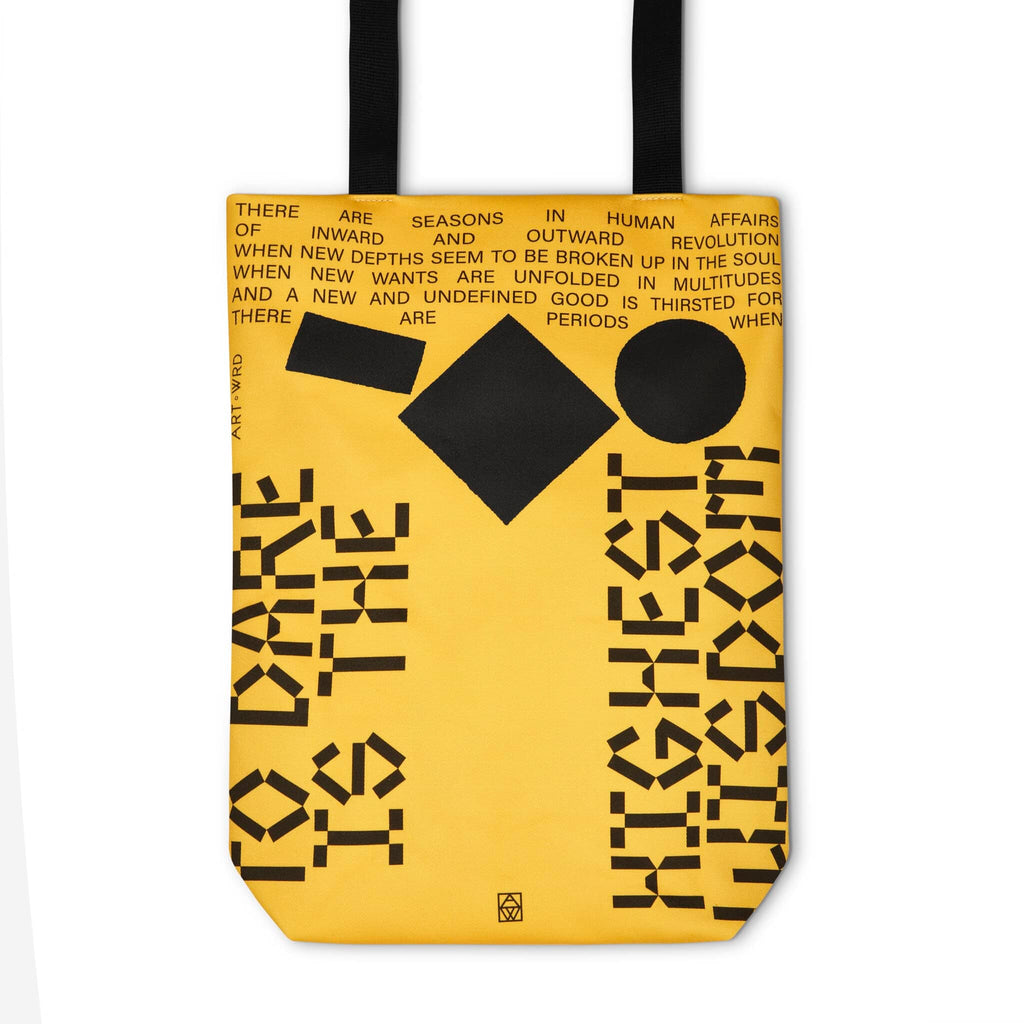 A cool, unique tote bag showing an inspiring quote designed with abstract futurist design and font. 