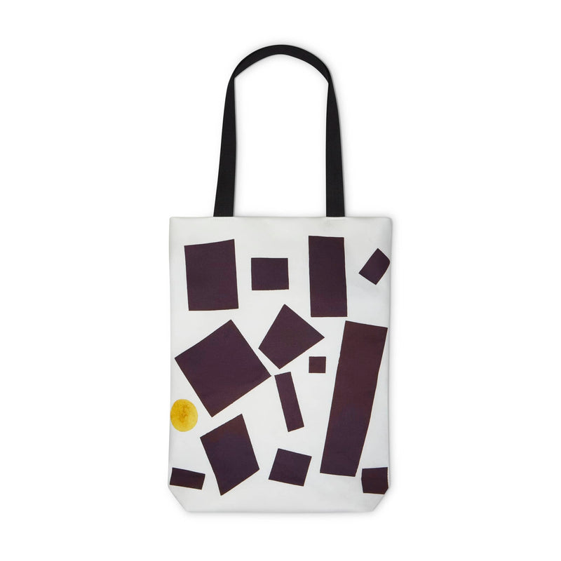 A cool, unique tote bag displaying a black and white rectangles abstract painting by Kazimir Malevich.