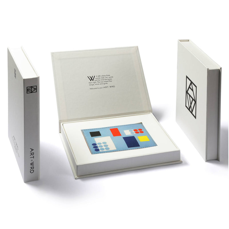 Credit card wallet with William Blake embossed quote and Sophie Taeuber Arp artwork displayed in magnetic book box packaging.