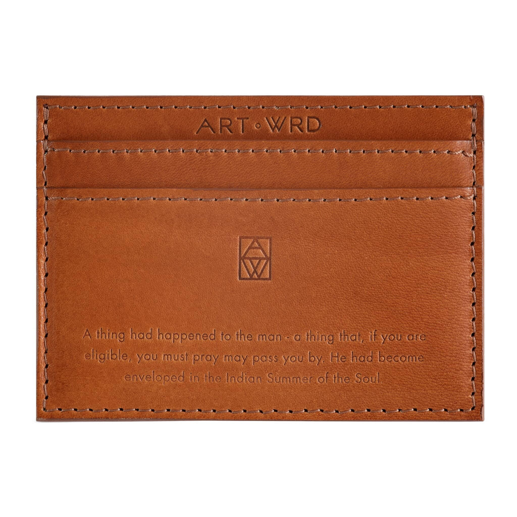 Ethical card holder reverse made with non-toxic vegetable tanned leather and embossed with an O Henry quote.