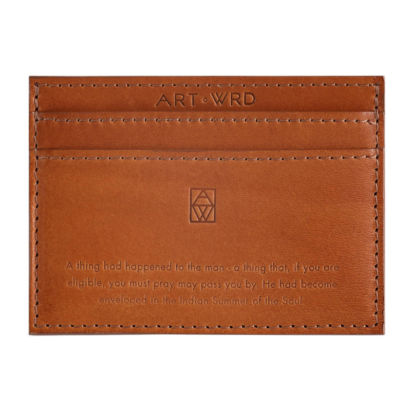 Ethical card holder reverse made with non-toxic vegetable tanned leather and embossed with an O Henry quote.