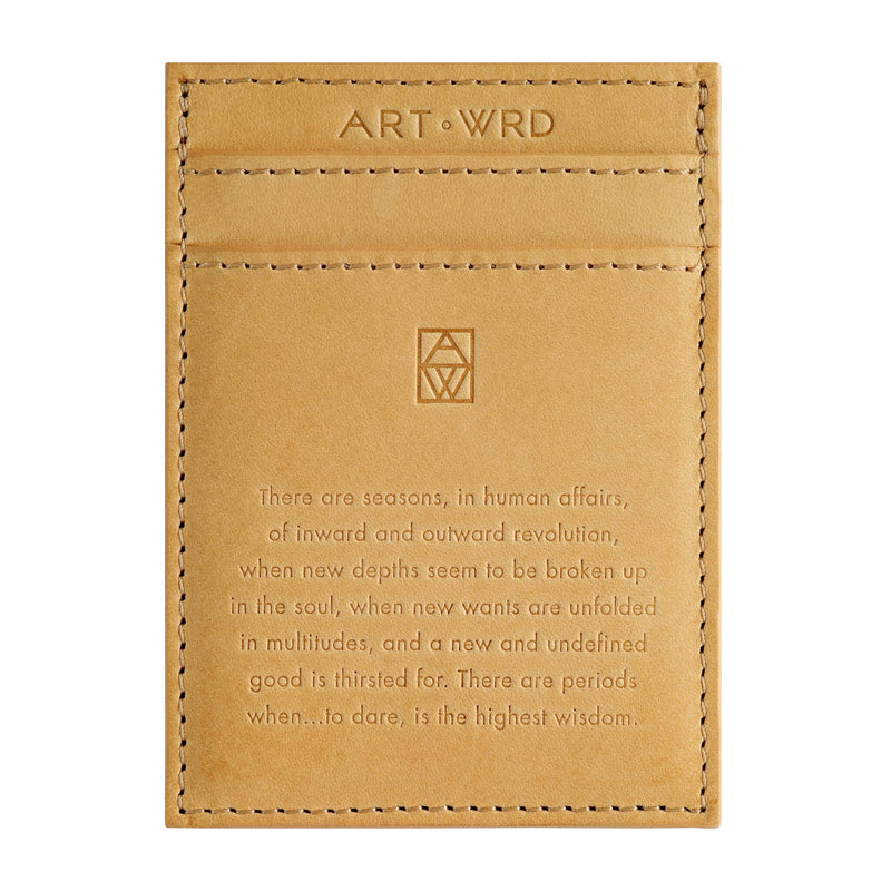 Minimalist leather card holder reverse with inspiring embossed quote.