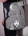 Unique witches bag design in cream and black with artwork by Aubrey Beardsley.