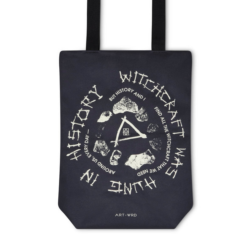 Unique witches bag design reverse with a poem by Emily Dickinson, 'Witchcraft Was Hung'. 